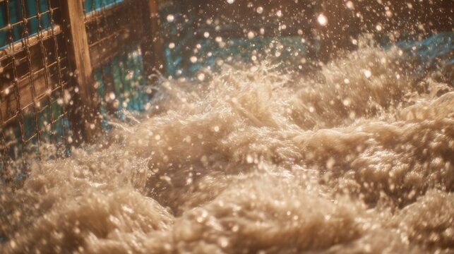 Dynamic close-up of turbulent foamy water exploding with sparkling droplets inside a metal structure, capturing energy, motion, and raw natural power.