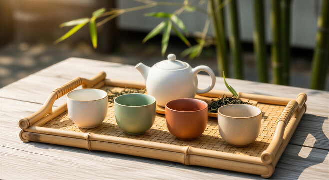 Tea set on a bamboo tray on a wooden table outdoors in sunny garden