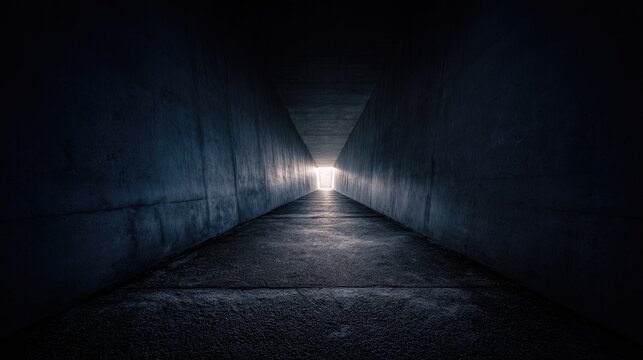 passageway. A long dark tunnel with rough concrete walls and a distant point of light. travel magazines, destination branding, designed for outdoor magazines and nature guides.