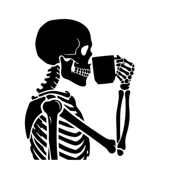 A skeleton drinks from a mug in a simple illustration.