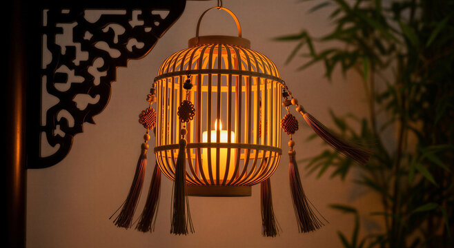 Traditional hanging lantern with tassels and candle light glowing in warm ambiance at night