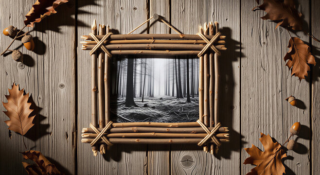 Wooden picture frame with forest photograph and autumn leaves on wood panel