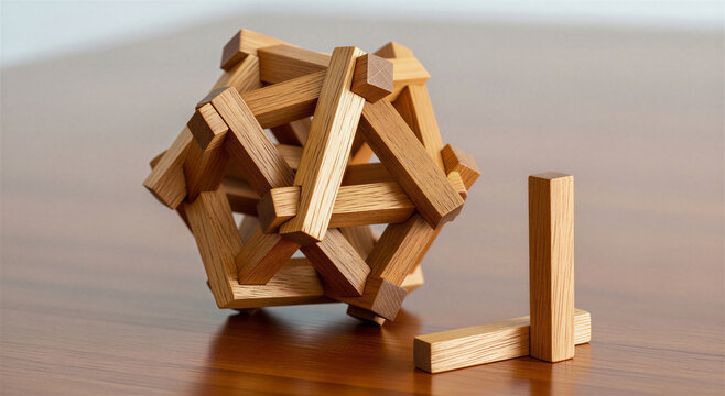 Wooden puzzle pieces on a table with geometric shapes and structures