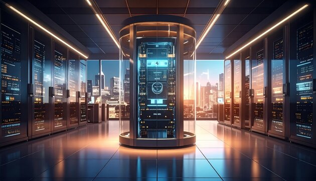 Futuristic Server Room with Glowing Data Center and Cityscape View.