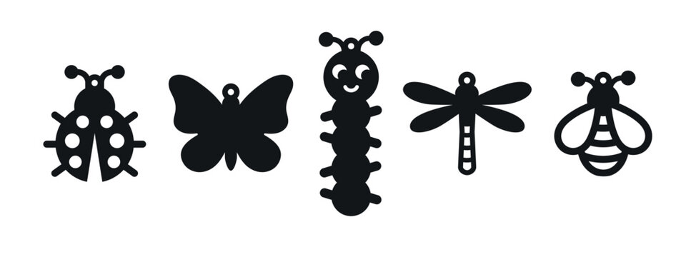 Cute insects designs for earrings, pendant or keychain with ladybug, butterfly, caterpillar, dragonfly and bee. Jewelry cutting template. Laser cut with leather, wood or metal. Vector stencil