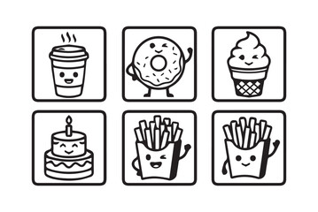 Obraz premium Cute Food Icon Set Burger Pizza Sushi Taco Ice Cream Bread Vector Collection – Perfect for Menu Design, App UI, and Kids Branding