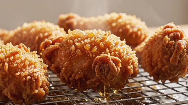 Crispy golden fried chicken with honey glaze on a wire cooling rack