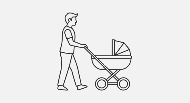 Man Pushing Baby Stroller Illustration.