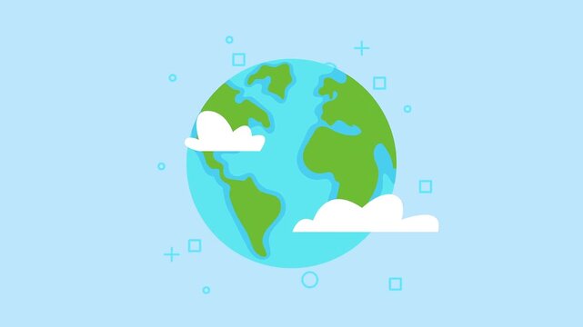 Earth globe zooming with clouds and geometric shapes on a light blue background.