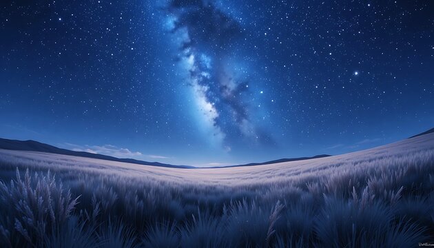 Stunning Milky Way galaxy over a vast grassy field at night. Cinematic anime style with deep blue starry sky and glowing celestial nebula. Ethereal nature digital art illustration.
