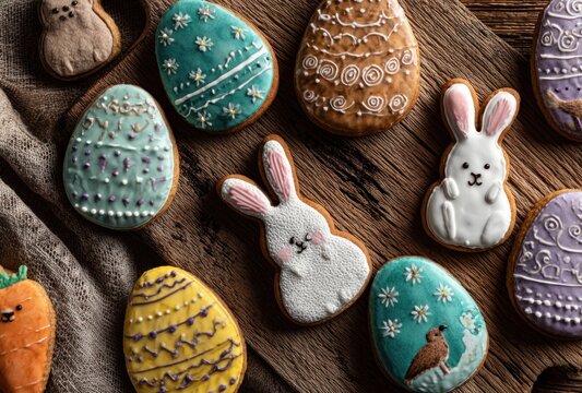 Colorful easter cookies shaped as eggs and bunnies decorated with intricate icing patterns on a wooden surface
