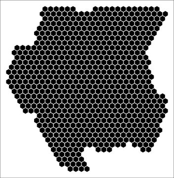 Suriname simple black and white hexagon map shape template. Country plain hexagon cell dots. Suriname flat honeycomb boundary. Vector Illustration.