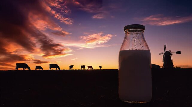 Fresh milk bottle on dairy farm with cows at sunset