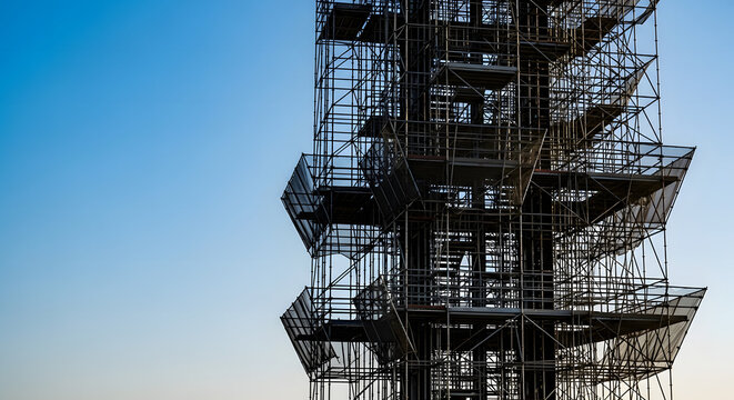 Tall skyscraper under construction in evening sky with scaffolding in modern city skyline