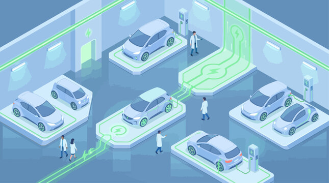 Isometric Electric Vehicle Charging Station Concept with Engineers and Sustainable Technology Infrastructure for Smart City and Automotive Industry Presentation