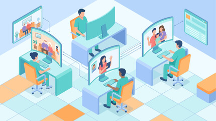 Fototapeta premium Isometric Telehealth Consultation and Remote Patient Monitoring Vector Illustration for Healthcare Technology Presentations