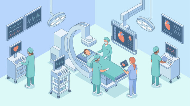Isometric Hospital Operating Room with Surgeons Performing Cardiac Surgery, Medical Procedure and Healthcare Technology Concept for Presentation Materials and Infographics