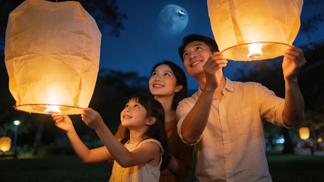 Mother and child release glowing lanterns into the night sky during a festival