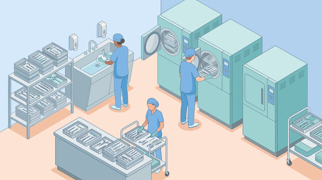 Isometric Hospital Central Sterile Supply Department with Medical Staff Cleaning Surgical Instruments