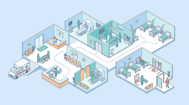 Isometric Hospital Facility Layout with Medical Staff and Patients, Flat Vector Illustration for Healthcare Infographics and Digital Health Presentations