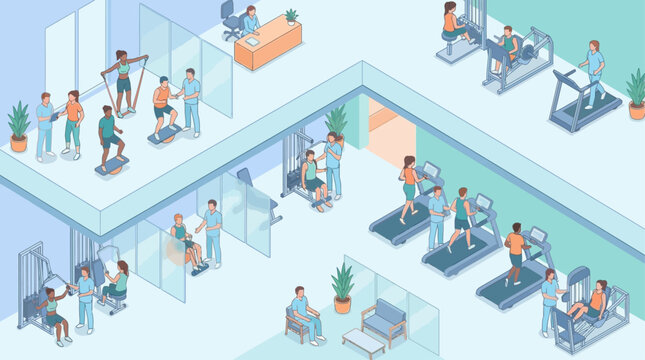 Isometric Hospital Physical Therapy and Rehabilitation Center with Patients Exercising and Medical Staff Assistance