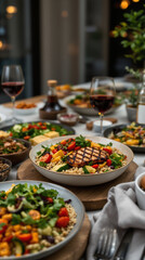 Obraz premium Flexitarian dinner table variety with colorful salads and wine