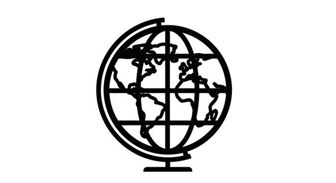 Minimalist black and white line art illustration of a world globe, representing global communication, travel, and international concepts.