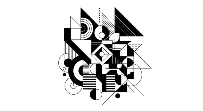 Abstract geometric pattern with triangles, circles, and lines in black and white. Modern minimalist graphic design background.
