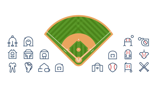 Extensive vector icon set illustrating various baseball game equipment, field elements, and player gear, ideal for sports branding and digital applications