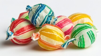Obraz premium Colorful striped hard candies wrapped in shiny paper with twisted ends, scattered on a white surface, displaying bright colors and glossy texture
