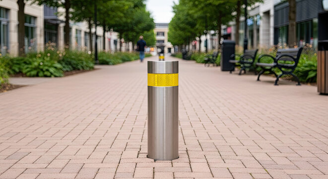 Stainless steel bollard with yellow reflective band on brick pathway in urban park setting