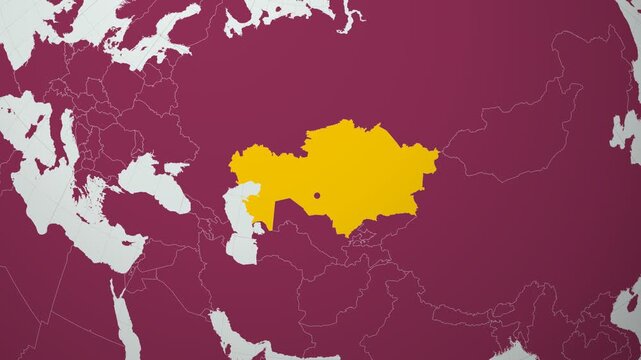 Kazakhstan map. Animated zoom into the country on the Globe in Pale Mint Dark Pink color palette. Country logo animation with round text and airplanes. Map with meridians, parallels. Beautiful video.