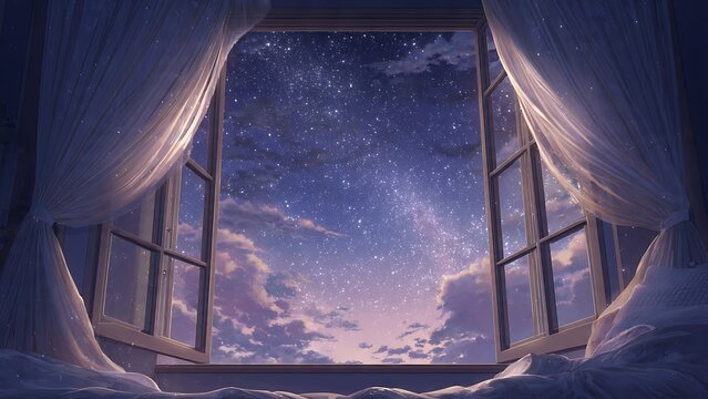 Ethereal anime-style window view of a starry night sky and Milky Way. Soft white curtains frame a cinematic galaxy with fluffy clouds. Peaceful lofi aesthetic with magical bedroom vibes.