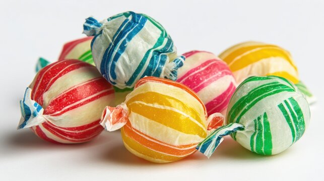 Colorful striped hard candies wrapped in shiny paper with twisted ends, scattered on a white surface, displaying bright colors and glossy texture