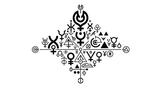 Abstract collection of mystical, alchemical, and esoteric symbols arranged in a spiritual geometric pattern or mandala design.