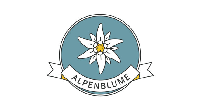 Alpenblume flower logo with white petals.