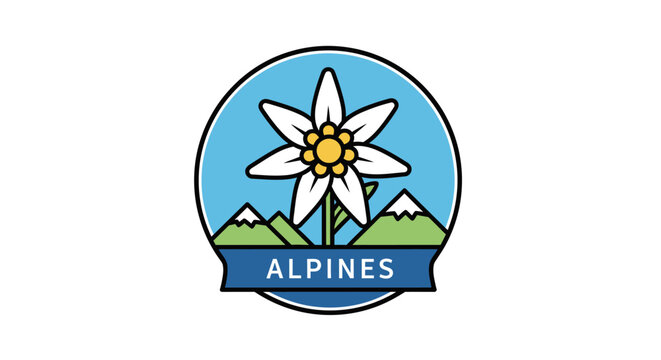 Alpine flower logo with mountains.