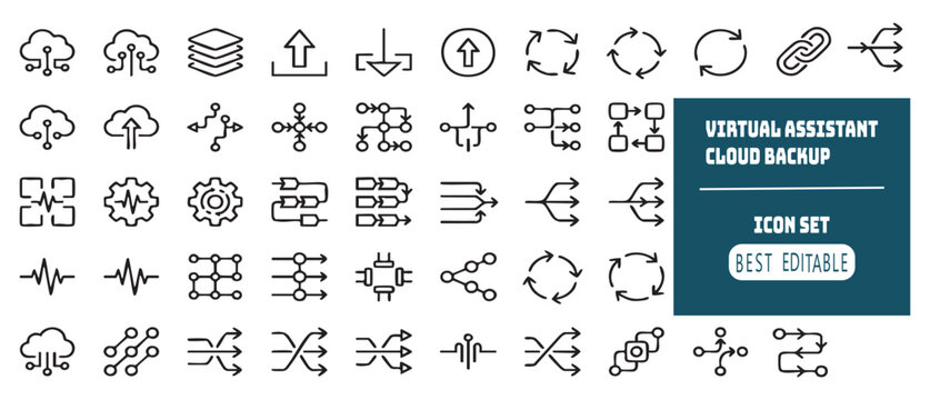 Collection of various technology and data flow icons representing cloud computing and network connections.