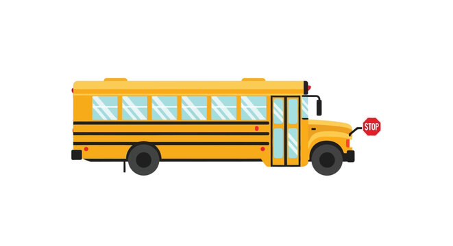 Classic yellow school bus with stop sign, isolated on white background, transportation concept