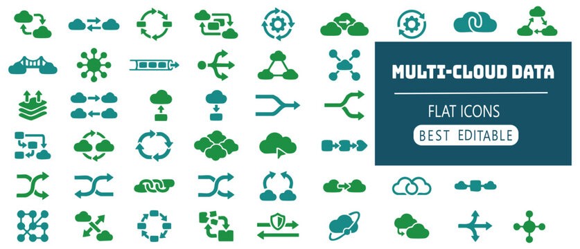 Collection of diverse flat icons representing cloud data connections and network transfers.