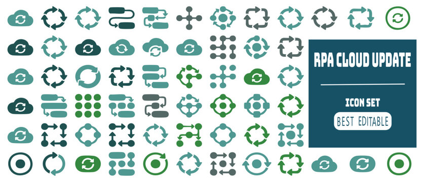 Collection of diverse circular arrows and flowchart icons representing updates and data flow.