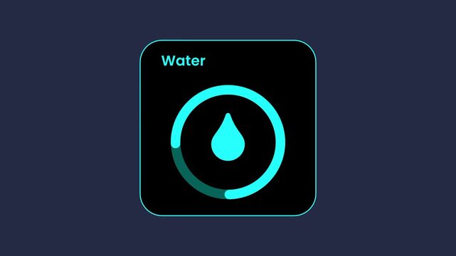 A water utility app icon featuring a bold blue water droplet inside a circular ring on a dark background with the word Water shown at the top left corner