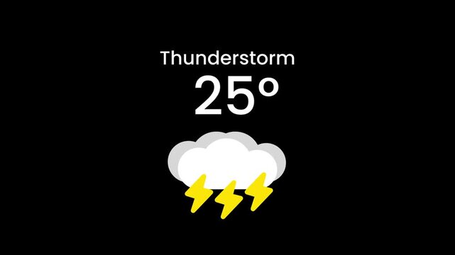 A thunderstorm weather widget showing the temperature of 23 degrees with a storm cloud and lightning bolt icon below the word Thunderstorm on a black background