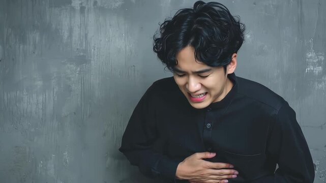 Young Asian man experiencing discomfort from acid reflux disease in a neutral environment, conveying a moment of physical pain