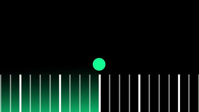 An audio equalizer visualization with green vertical bars of varying heights displayed on a dark black background with a small green dot at the top center