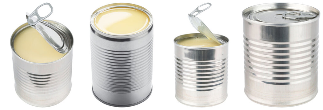 Shiny metal cans of sweet condensed milk, some open and ready for use, isolated on a transparent background.