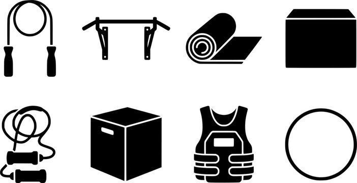 Comprehensive collection of essential fitness equipment icons including jump rope pull up bar mat plyo box and weighted vest for gym and home workout graphic needs