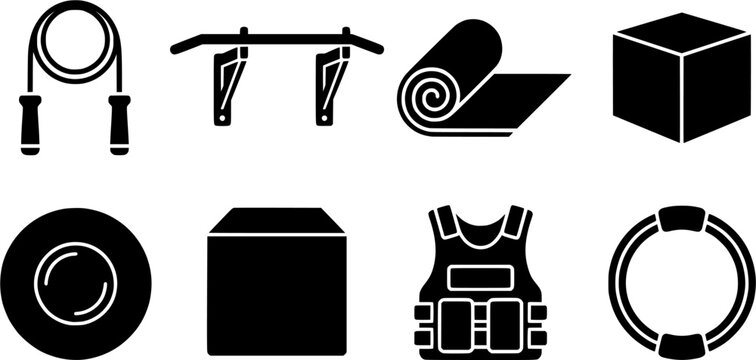 Comprehensive collection of essential fitness equipment icons including jump rope pull up bar mat plyo box and weighted vest for gym and home workout graphic needs