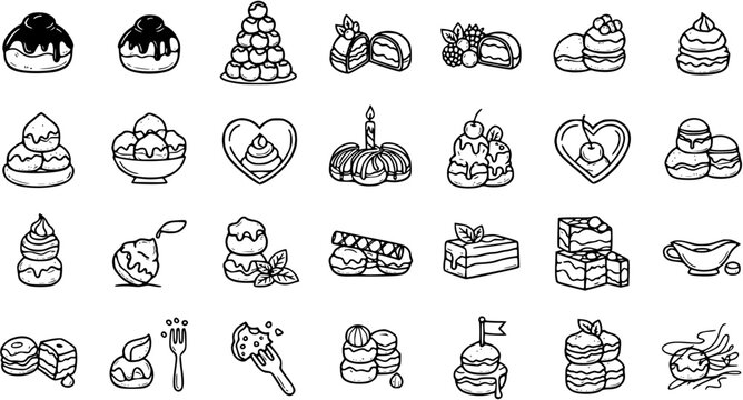Black  White Line Art Food Desserts Icons. Hand-drawn Outline Collection of Sweets, Pastries, Cakes, and Ice Cream for Confectionery Industry.