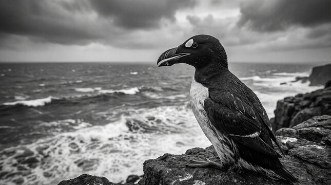 Dramatic black and white portrait of a Great Auk standing on a rocky North Atlantic cliff edge for historical wildlife documentaries and educational nature conservation content